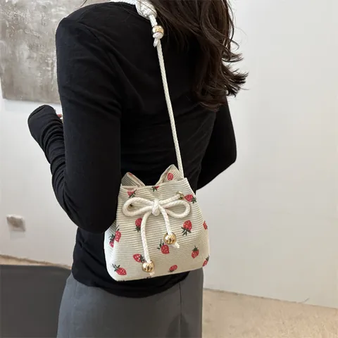 Vintage Corduroy Strawberry Bucket Bag For Women Sweet Drawstring Shoulder Bag With Cotton Rope Strap And Metal Beads