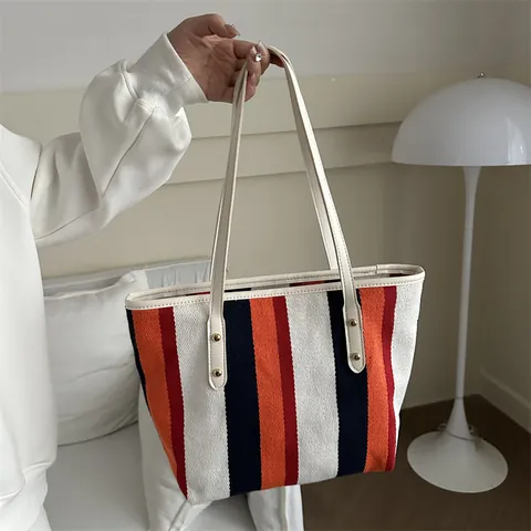Women Large Capacity Striped Canvas Tote Bag With Leather Handles Rivet Decor Casual Commuting Shoulder Bag Handbag