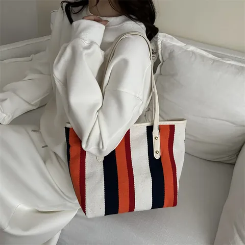 Women Large Capacity Striped Canvas Tote Bag With Leather Handles Rivet Decor Casual Commuting Shoulder Bag Handbag