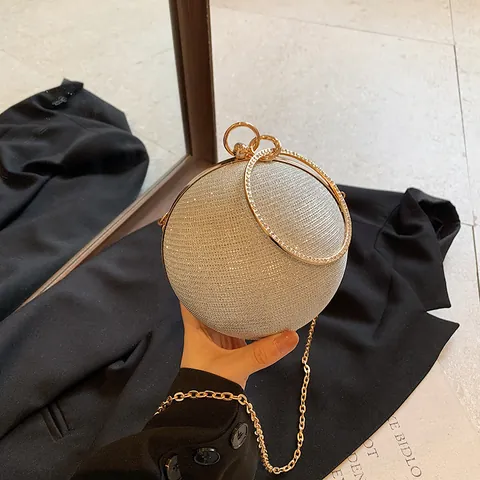 Women Sphere Evening Bag Glitter PU Leather Handbag With Rhinestone Ring Handle Metal Chain Crossbody Shoulder Clutch Bag