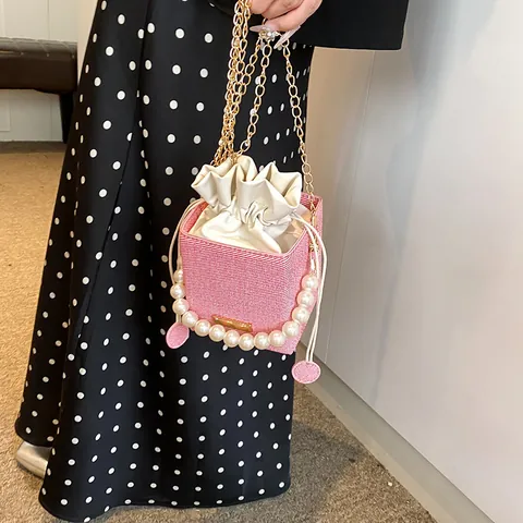 Women Woven Artificial Pearl Bucket Bag Square Box Handbag With Drawstring Metal Chain Strap Sweet Elegant Daily Vacation Shoulder Bag