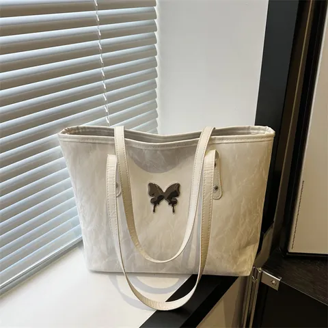 Borsa Tote da Donna Grande Capacità Trama Gualcita Pelle PU Borsa a Mano Con Decorazione Farfalla Metallo Borsa a Spalla