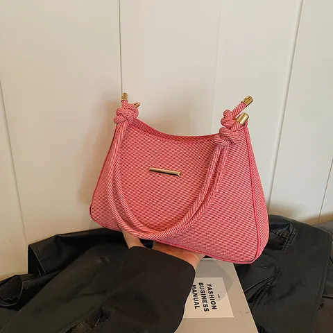 Women Vintage Underarm Bag PU Leather Shoulder Bag With Braided Rope Handle Gold Metal Bar Decoration Fashion Crescent Handbag