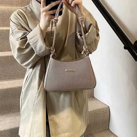 Women Vintage Underarm Bag PU Leather Shoulder Bag With Braided Rope Handle Gold Metal Bar Decoration Fashion Crescent Handbag