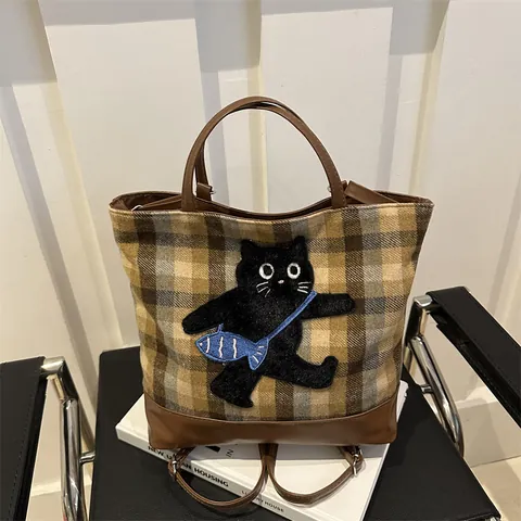 Dames Geruite Tote Bag Met Cartoon Kat Borduurwerk Grote Capaciteit Wollen Stof PU Leer Splitsen Casual Schoudertas