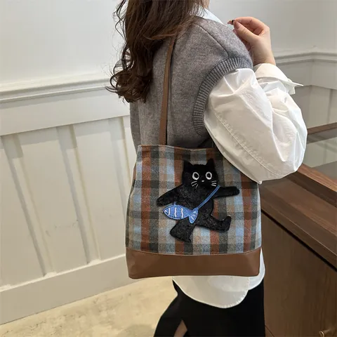 Dames Geruite Tote Bag Met Cartoon Kat Borduurwerk Grote Capaciteit Wollen Stof PU Leer Splitsen Casual Schoudertas