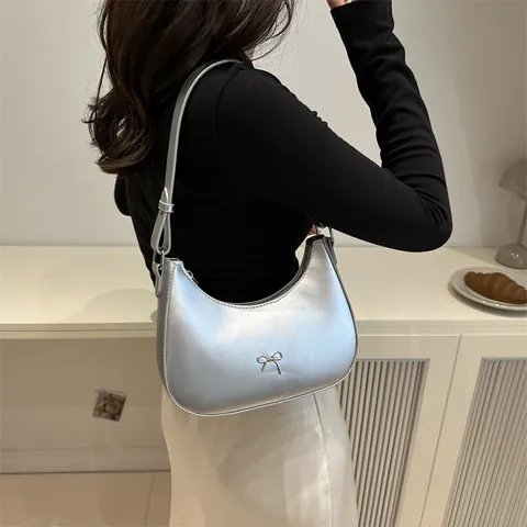 Women Fashion PU Leather Hobo Underarm Bag With Metal Bowknot Vintage Solid Color Moon Shape Shoulder Crossbody Bag Daily Gift
