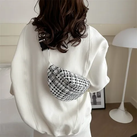 Sac Banane en Tweed Plaid pour Femmes Décontracté Tissé Sac de Poitrine Bandoulière Mode Streetwear Pochette de Téléphone