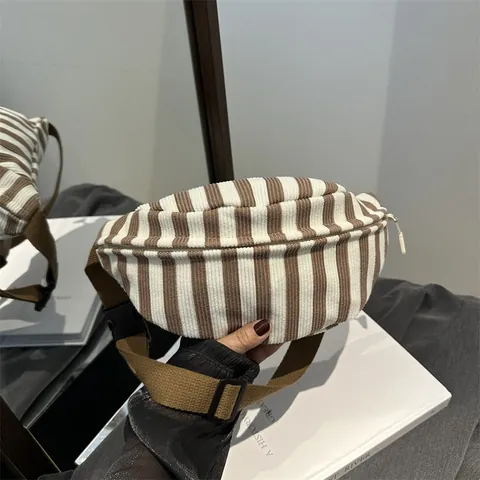 Vintage Stripe Corduroy Chest Bag For Women Adjustable Strap Casual Waist Bag Small Crossbody Phone Pouch Travel Fanny Pack