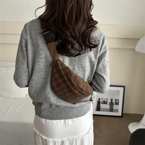 Vintage Stripe Corduroy Chest Bag For Women Adjustable Strap Casual Waist Bag Small Crossbody Phone Pouch Travel Fanny Pack