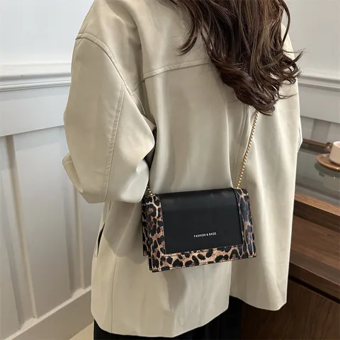 Bolso de Hombro de Moda para Mujer Con Estampado de Leopardo Empalme Cuero PU Vintage Cadena de Metal Bandolera Bolso Cuadrado Pequeño