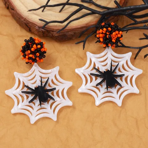 Boucles d'Oreilles Pendantes Toile d'Araignée Halloween Gothique pour Femmes Boule Perlée Orange Noir Bijoux en Acrylique