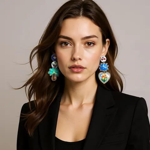 Asymmetric Enamel Drop Earrings For Women Gold Plated Alloy Floral Evil Eye Palm Tree Heart Sun Moon Statement Jewelry