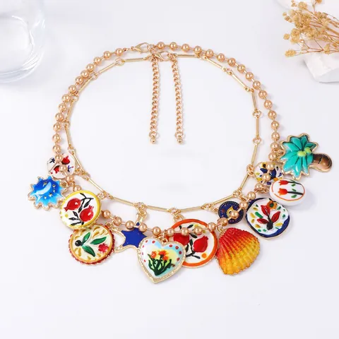 Collier Multicouche Et Bracelet En Alliage De Zinc Bohème Avec Pendentifs Colorés Fleur Cœur Coquillage Bijoux Pour Femme