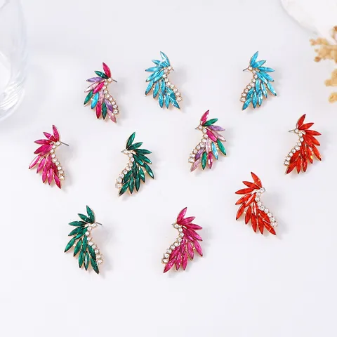 Fashion Feather Wing Stud Earrings Alloy Zirconia Colorful Crystal Earring For Women Daily Party Jewelry Gift