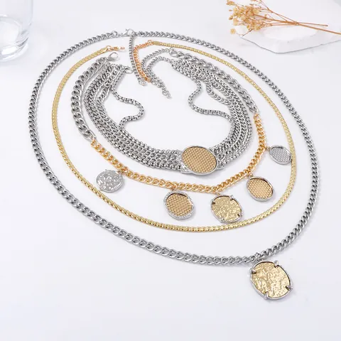 Multi-layer Zinc Alloy Geometric Chain Necklace Gold Silver Plated Hammered Coin Badge Pendant Retro Punk Jewelry For Women