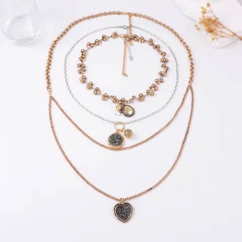 Layered Multi-layer Alloy Heart Round Badge Pendant Necklace Women Gold Silver Mixed Chain Vintage Trendy Fashion Jewelry