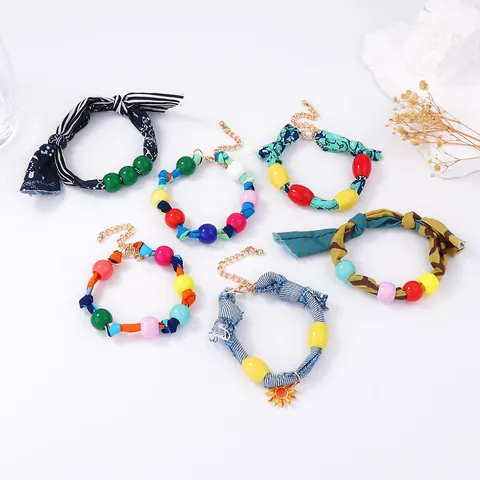 Bohemian Handmade Braided Fabric Bead Bracelet Colorful Denim Cotton Rope Hand Chain With Sun Charm Jewelry For Men Women Casual Vacation Accessory