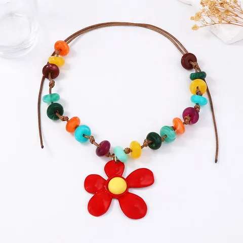 Collana Boho Perline Colorate Grande Ciondolo Fiore Rosso Cordino Cera Collana Lunga Per Donna Gioielli Spiaggia Vacanza