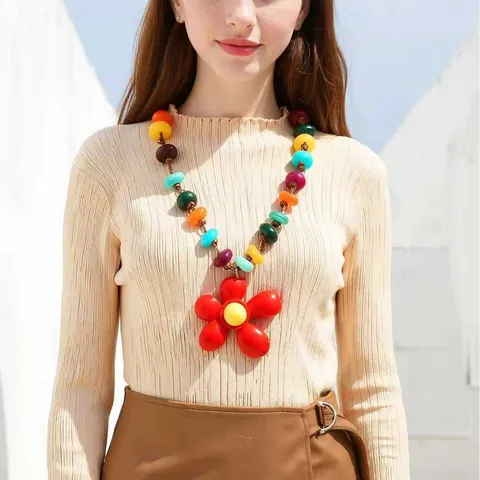 Collana Boho Perline Colorate Grande Ciondolo Fiore Rosso Cordino Cera Collana Lunga Per Donna Gioielli Spiaggia Vacanza