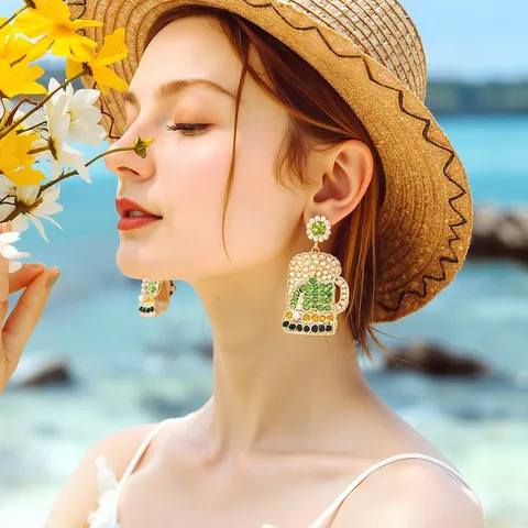 Green Beer Mug Dangle Earrings Alloy With White Faux Pearl And Green Rhinestone St Patrick's Day Festive Fun Jewelry For Women