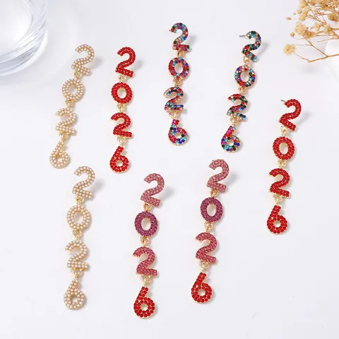 Luxury Alloy 2026 Number Long Drop Earrings Rhinestone Faux Pearl Tassel Earrings For New Year Graduation Party Women Jewelry