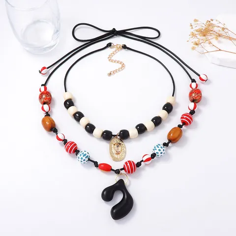 Bohemian Double Layer Beaded Necklace For Women Vintage Geometric Wood Plastic Beads Alloy Rhinestone Pendant Layered String Jewelry
