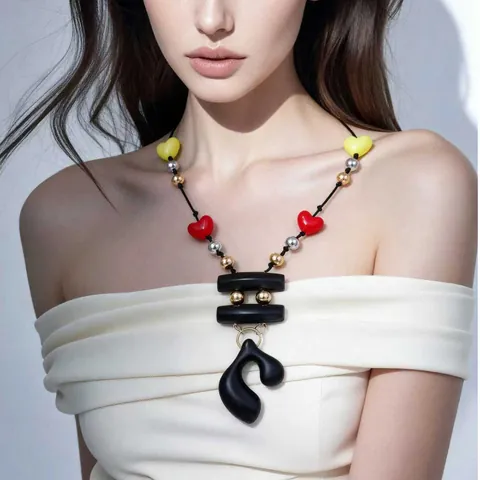 Vintage Literary Beaded Heart Necklace For Women Geometric Abstract Pendant Plastic Alloy Trendy Sweater Chain Jewelry