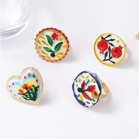 Vintage Gold Legierung Emaille Blume Herz Offen Verstellbarer Ring Für Damen Künstlerisch Pastoral Ethnisch Handbemalt Schmuck