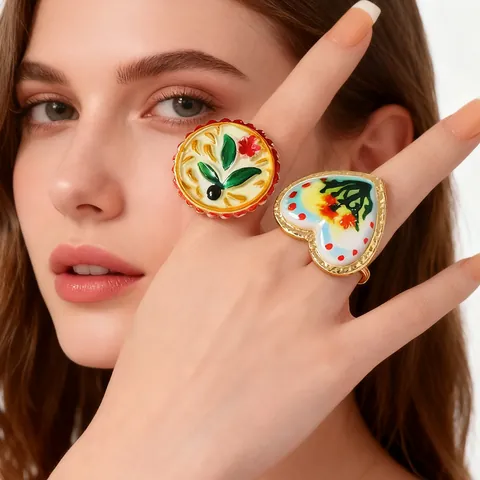 Vintage Gold Legierung Emaille Blume Herz Offen Verstellbarer Ring Für Damen Künstlerisch Pastoral Ethnisch Handbemalt Schmuck