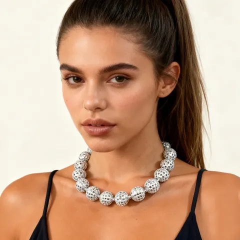 Shiny Silver Disco Ball Beaded Necklace For Women Trendy Minimalist Alloy Mirror Sphere Adjustable Party Jewelry Neckpiece