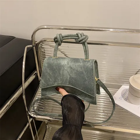 Fashion Hourglass Shaped PU Leather Handbag For Women Retro Denim Texture Knotted Handle Crossbody Shoulder Bag