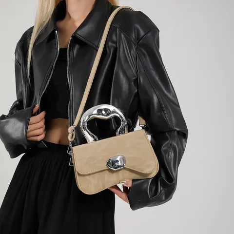Trendy Women Crinkled Texture PU Leather Small Square Bag With Irregular Liquid Metal Handle Niche Designer Crossbody Handbag