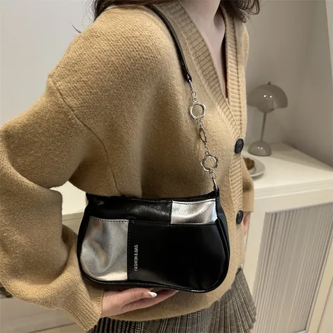 Bolso de Axila a la Moda para Mujer con Bloques de Color de Cuero PU Cadena Bolso Cuadrado Pequeño de Hombro para Uso Diario