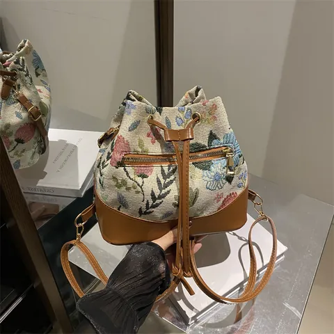 Borsa a Secchiello Jacquard Floreale Vintage per Donna in Pelle PU Patchwork Con Coulisse Borsa a Tracolla Con Tasca Zip