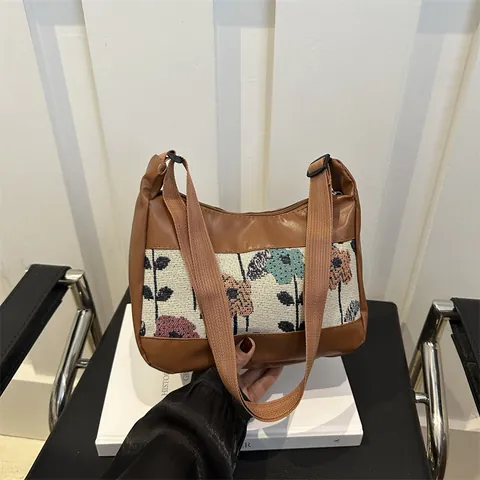 Retro Floral Patchwork PU Leather Shoulder Bag For Women Vintage Jacquard Underarm Bag With Adjustable Wide Strap Large Capacity Handbag