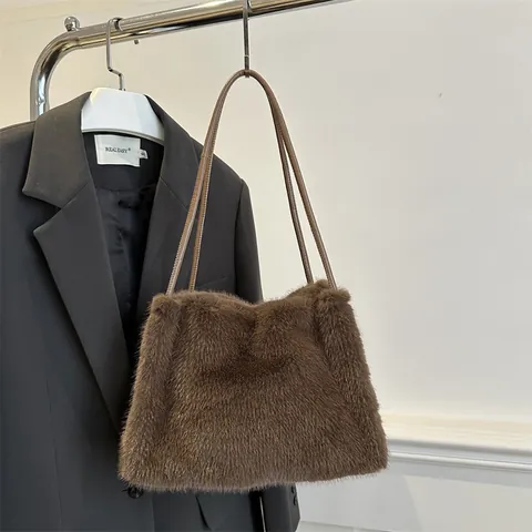 Women Fashion Plush Faux Fur Underarm Bag Simple Large Capacity Shoulder Tote Bag Chic Winter Commuting Handbag Solid Color Fluffy Bag