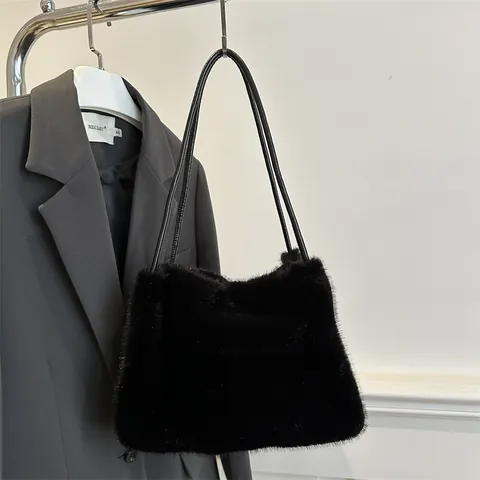 Women Fashion Plush Faux Fur Underarm Bag Simple Large Capacity Shoulder Tote Bag Chic Winter Commuting Handbag Solid Color Fluffy Bag