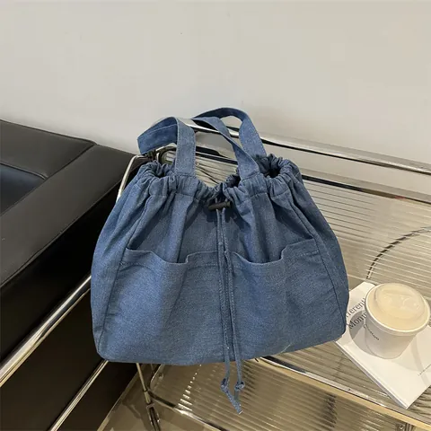 Große Kapazität Damen Denim Kordelzug Tote Bag Lässige Washed Denim Umhängetasche Mit Fronttaschen Vielseitige Handtasche