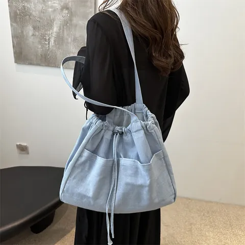 Große Kapazität Damen Denim Kordelzug Tote Bag Lässige Washed Denim Umhängetasche Mit Fronttaschen Vielseitige Handtasche