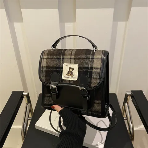 Vintage Plaid Backpack For Women PU Leather Tweed School Bag British College Style Small Rucksack With Bear Patch