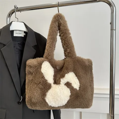 Borsa Tote da Donna in Ecopelliccia Grande Capacità Morbida Borsa a Tracolla in Peluche Con Motivo a Coniglio Autunno Inverno