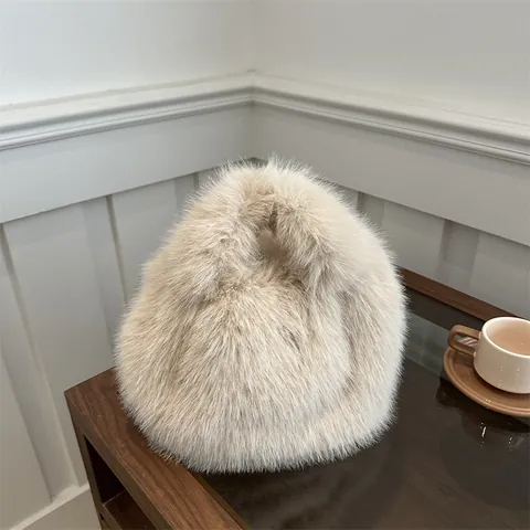Bolso de Mano de Piel Sintética para Mujer Otoño Invierno Cálido Suave Bolso de Cubo Color Sólido Asa de Una Pieza Gran Capacidad