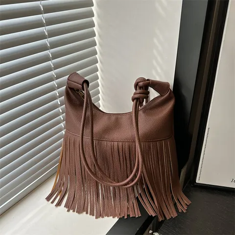 Bolso de Hombro Vintage para Mujer con Flecos de Cuero PU Granulado Correa Anudada Hobo Tote Bag Bohemian Tassel