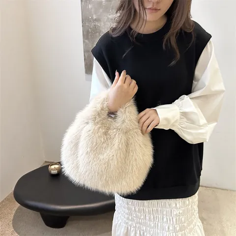 Dames Imitatiebont Pluche Handtas Herfst Winter Warm Zacht Bucket Bag Effen Kleur Uit één stuk Handvat Grote Capaciteit Top Handle Tas