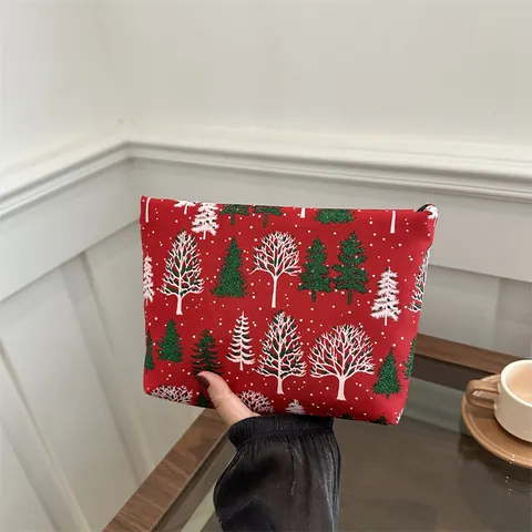 Women Red Canvas Christmas Tree Snowflake Print Makeup Bag Festive Zipper Cosmetic Pouch Storage Handbag Clutch Bag