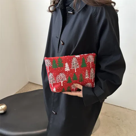 Women Red Canvas Christmas Tree Snowflake Print Makeup Bag Festive Zipper Cosmetic Pouch Storage Handbag Clutch Bag