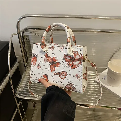Damen PU Leder Schmetterling Sternbild Druck Tote Bag Mode Kleine Quadratische Schultertasche Mit Griff Und Verstellbarem Gurt