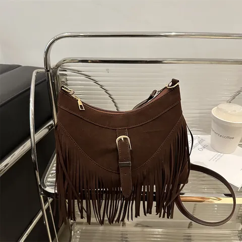 Borsa a Spalla da Donna in Finta Pelle Scamosciata con Frange Retrò Nappa Borsa a Tracolla Boema in Pelle PU con Fibbia in Metallo