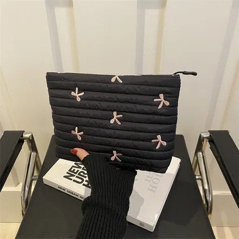 Women Quilted Embroidered Bow Cosmetic Bag Large Capacity Padded Toiletry Storage Organizer Travel Makeup Pouch Zipper Bag